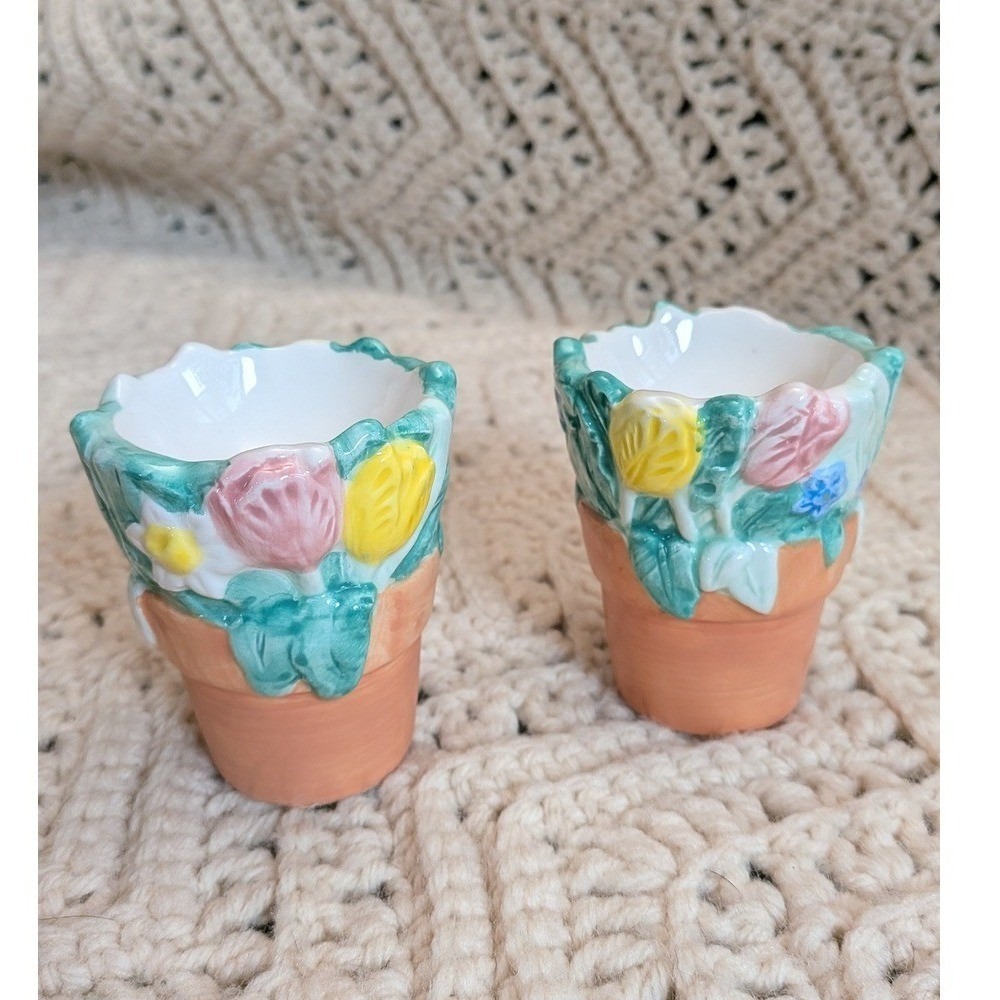 Vintage Ceramic Flower Pot Egg Cups Set Spring Floral Garden 2pc